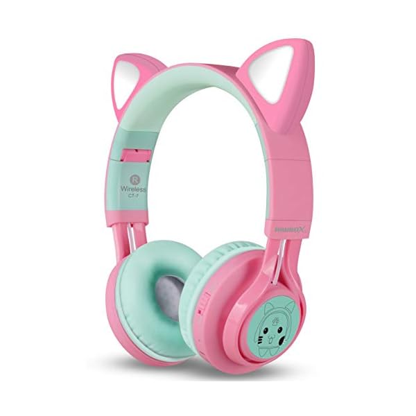 Riwbox Bluetooth Headphones, CT-7 Cat Ear LED Light Up Wireless Foldable Headphones Over Ear with Microphone and Volume…