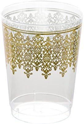 Decorline - Heavyweight Plastic Elegant Disposable Tumbler / Cup 10 oz - 300 m, Cream Gold Rim -Wedding Party- Ornament Collection
