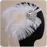 Aimimier Bridal 1920s Flapper White Feather Headband with Waterdrop Crystal Pendant Rhinestone Head Chain Roaring 20s Headpiece Halloween Vintage Hair Accessories for Women