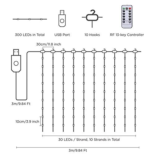 300 LED Window Curtain String Light, 8 Lighting Modes Fairy Twinkle String Lights with Remote, USB Powered Waterproof for Christmas Bedroom Party Wedding Home Garden Wall Decorations, White