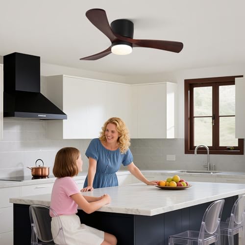 GESUM 42" Ceiling Fan with Lights Remote Control, Low Profile Ceiling Fan with 3 Walnut Wood Blades, Reversible,Dimmable, Flush Mount Ceiling Fans for Living Room Kitchen Bedroom(Black+Walnut)