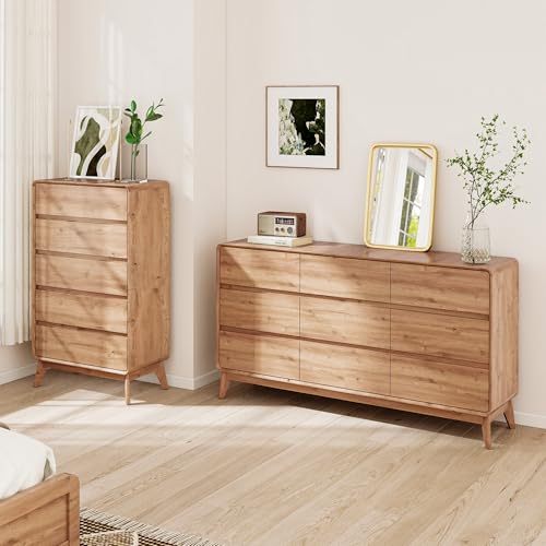 ENOUSHU 50" Tall Dresser for Bedroom, Vertical Dressers with 5 Drawers and Curved Profile Handleless Design, Chest of Drawers with Natural Texture for Living Room, Hallway and Entryway, Natural