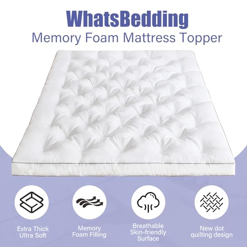 WhatsBedding 4 Inch Memory Foam Mattress Topper Queen for Back Pain Relief, Filled with Breathable Gel Memory Foam, Fluffy Comfort Supportive Pillow Top Mattress Topper, 80x60x4in