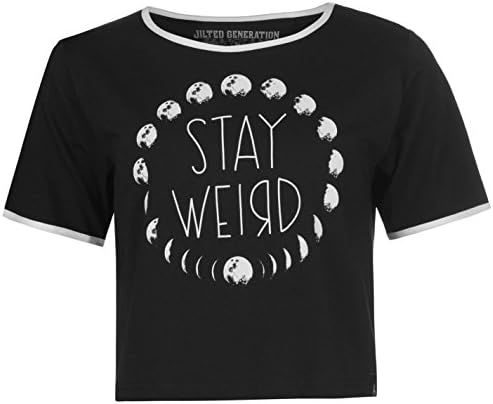 Jilted Generation Stay Wierd Crop Top T-Shirt Womens Black Casual Fashion Shirt UK 12 (Medium)