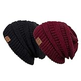 Slouchy Beanie Hat for Men and Women 2 Pack Winter Warm Chunky Soft Oversized Cable Knit Cap by REDESS (Two Pack Black & Wine Red)
