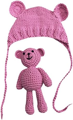 Baby Hats + Baby Knit Bear Toy , Honestyi Newborn Stretchy Knit Photo Baby Hat+Trousers Costume Photography Props - knitting Cotton (Hot Pink)