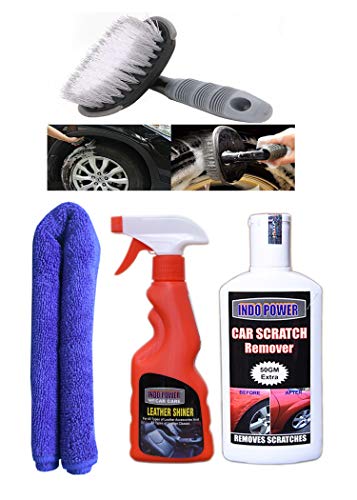 INDOPOWER HCWWW652- Leather Shiner Spray 250ml + 1PC CAR Microfiber Cloth+ Scratch Remover 200gm.+All Tyre Cleaning Brush