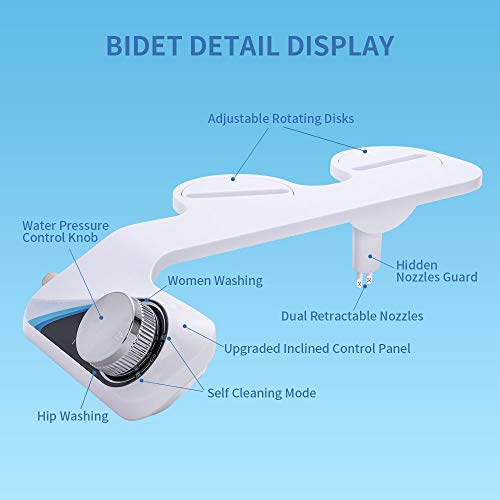 Aisoso Bidet Toilet Attachment with Self Cleaning Dual Nozzles and Explosion Proof Tube, Non Electric Fresh Water Spray Adjustable Pressure, Solid Brass T-Adaptor for Easy Installation