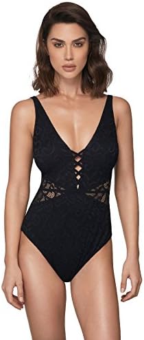 Profile by Gottex Women's Solid Allover Lace V-Neck D-Cup One Piece Swimsuit, Shalimar Black, 10D