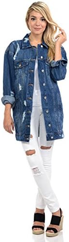 Womens Oversized Denim Jacket Long Loose Fit Distressed Ripped Denim Coat (SMALL, MD DENIM)