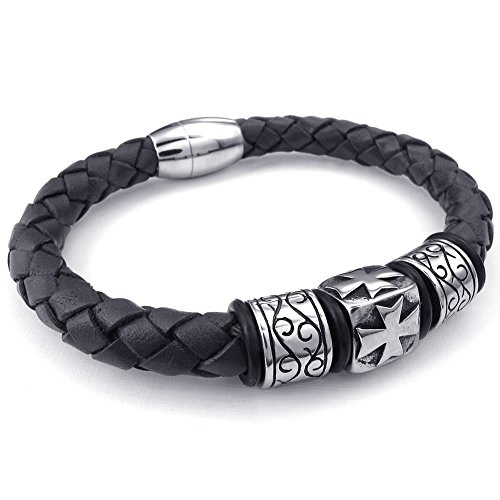 KONOV Mens Leather Stainless Steel Bracelet, Cross Charm Magnetic Clasp, Black Silver - 8 inch