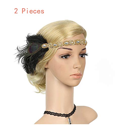 Naiflowers 1920S Vintage Luxury Headpiece Feather Flapper Headband Great Gatsby Headdress Bridal Prom Headdress (Gold-2 Pieces)