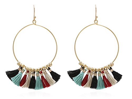 BONALUNA Bohemian Multi Colored Tassel Yellow Gold Plated Dangle Drop Statement Earrings