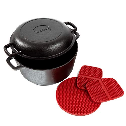 Uno Casa Cast Iron Dutch Oven with Lid - Pre-Seasoned 2in1 5Q Pot and 1.6Q Pan Cookware Set