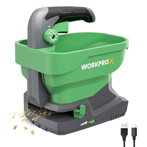 WORKPRO X 7.2 V Universal Rechargeable Battery Seeder, 8 Flow Levels, 6 Speeds and Adjustable Projection Width, Spreader for Lawn Seed, Fertilizer and Anti-Ice Salt