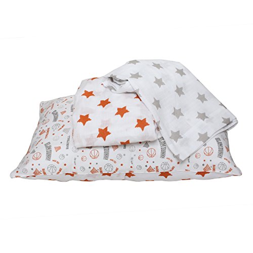 Bacati Muslin 3 Piece Toddler Bedding Sheet Set, Basketball/Orange/Grey