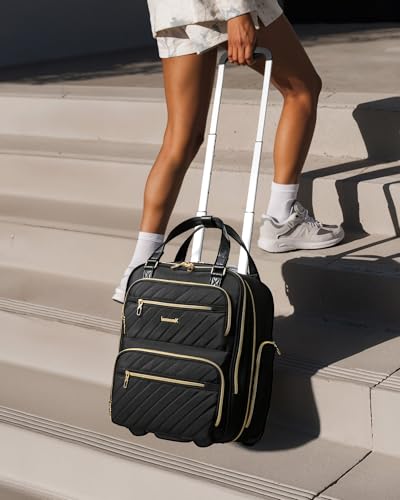 LUGGEX Carry On Luggage Bag with Front Open Laptop Compartment - 16 Inch Lightweight Softside Suitcase with Wheels - Stylish Underseat Travel Luggage for Women Men Business, Short Trip (Black)