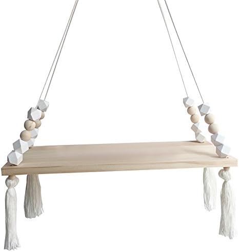 OuYou Simple Nordic Style Wooden Hanging Wall Shelf Decorative Display Stand with Tassel Kids Room Home Decor (White)
