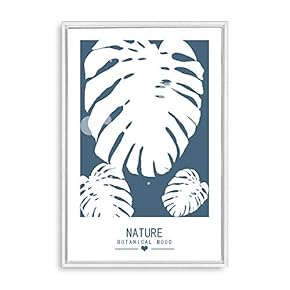 Framed Canvas Wall Art - White Leaf on Grayish-Blue Background - Canvas Prints Home Artwork Decoration for Living Room,Bedroom - 16x24 inches