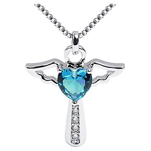 Birthstone Cross Necklace Crystal Angel Wing Pendant Necklace Chain Heart Charm Jewelry for Women Girls Mom Gifts (Blue)