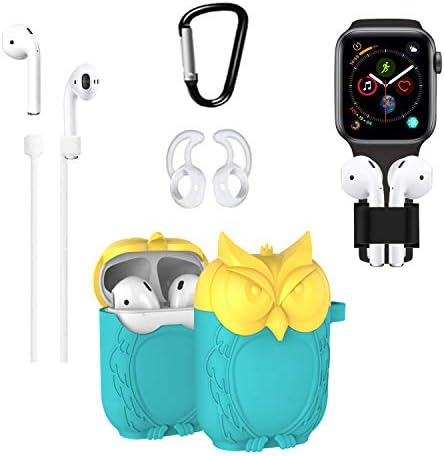 Parkho Airpods Case Keychain, Unique 3D Owl AirPod Charging Cartoon Protective Cover for Airpods Skin Accessories Key Chain/Airpods Ear Hook Grips/Airpods Clips/Watch Band Holder (Yellow&Green)