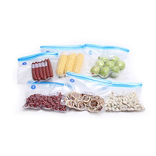 LESHP 5-Pcs Plastic, Recycling use Vacuum Zip Bags [ for all Sealer Vacuum Packing Machine / Handheld Vacuum Sealing System]- for Fish / Vegetables / Fruit Saving, Easy to take for traveling, Clear