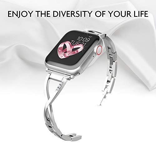 Marge Plus Compatible with Apple Watch Band 38mm 40mm with Case, Women Bling Wristband for iWatch Series 5 4 3 2 1 Metal Stylish Strap, Silver - Thumbnail 2