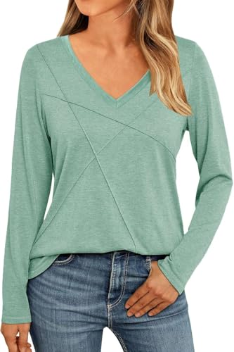41qDuenh1eL Naioss Damen Oberteile Elegant V-Ausschnitt Langarmshirt Herbst Tshirt Baumwolle Casual Shirts Tunika Tops(Graugrün/M)