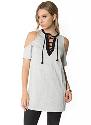 Pink Drop Women's Lace Up Front Open Cold shoulder Short Sleeve TOP (Large, Heather Grey)