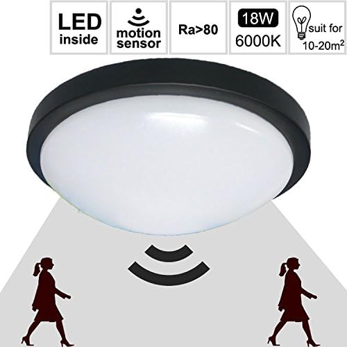 Ceiling Light Led Bulkhead Lamp Lampshade Shade Fixtures with Motion Sensor Indoor Goldenkayi Flush Mount Daylight Fitting for Corridor Hallway Bathroom Garage Living Room(Black Plate,Daylight 6000K-PIR) [Energy Class A+]