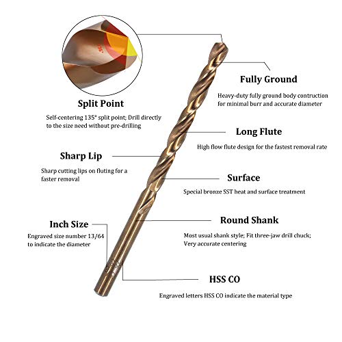 Hymnorq M35 Cobalt Steel Fractional 13/64 Inch Dia. x 3.62 Inch Long Twist Drill Bit Set of 10pcs, Jobber Length and Round Shank, 135 Degree Split Point Heat Resistant for Stainless Steel