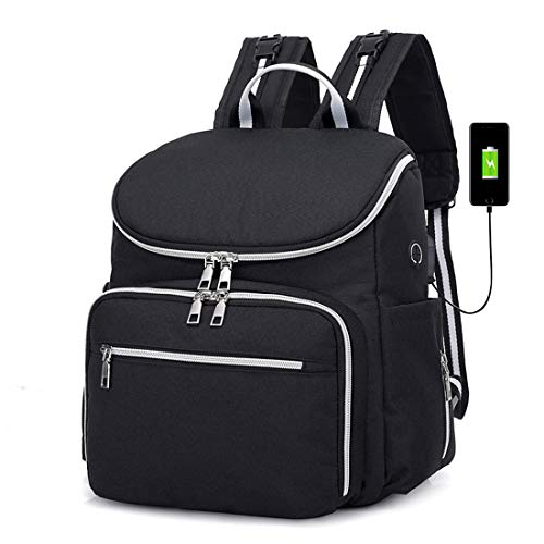 Qukueoy Travel Diaper Bag Backpack for Mom and Dad,Large Capacity Maternity Nappy Bag Waterproof, plus Insulated Bottle Bag,Stroller Straps&USB Port（Black)