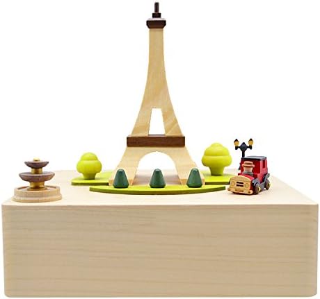 Handmade Wooden Music Box Elf Tower Paris with Car and Water Fountain 'Waltz of The Flowers' Gift Collection Sankyo Movement