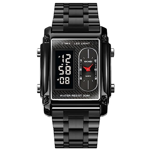 FANMIS Men's Rectangle Dial Sports Wrist Watches with 7 Colors Optional LED Backlight Multifunctional Alarm Stopwatch 12/24H Rubber Strap Watch, S Steel, Modern