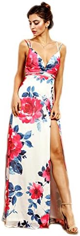 Crazy4Bling Soieblu Multi-Color Floral Print V-Neck Cami Strap Side Slit Maxi Dress, Large