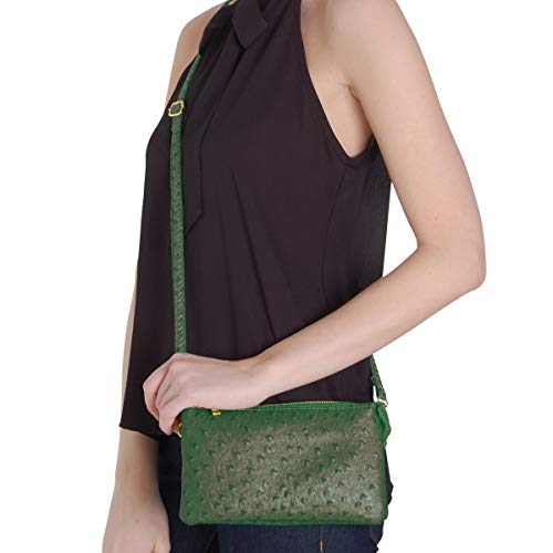 Humble Chic Vegan Leather Faux Ostrich Wristlet - Textured Dot Convertible Wallet Crossbody Bag Clutch Purse with Shoulder Strap, Olive Green, Dark Green, Hunter, Forest, Army - Thumbnail 2