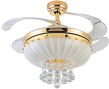 Lighting Groups 42" Crystal Ceiling Fan Invisible Ceiling Fan and LED Chandelier 2 In 1, 4 Clear Blades Retractable Fan Chandelier for Bedroom Living Room Ceiling Light Fixtures with Fans (Gold)