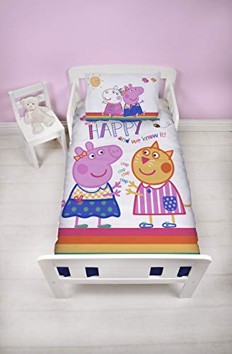 Peppa Pig Hooray Junior Toddler Cotbed Duvet Cover Set with Matching Pillow Case Rainbow White Design, Polyester-Cotton, Pink, Single