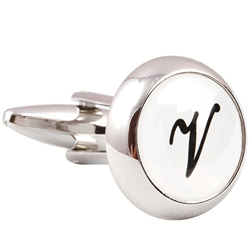HJ Men's 2PCS Rhodium Plated Cufflinks Silver Initial Letter Shirt Wedding Business 1 Pair Set White V