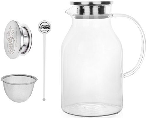 Glass Pitcher With Lid By Golden Spoon: Durable 68oz Glass Carafe With Airtight Cap - MicrowavFreezer Safe Borosilicate Glass For Hot And Cold Liquids - Comes With 2 Stirrers And A Strainer (68 oz)