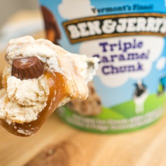 Ben & Jerry's - Vermont's Finest Ice Cream, Non-GMO - Fairtrade - Cage-Free Eggs - Caring Dairy - Responsibly Sourced Packaging, Triple Caramel Chunk, Pint (4 Count)