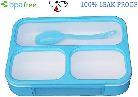 Lunch Box with Leak-Proof Lid plus Spoon - MICROWAVE SAFE - 3 Compartment NON-MIX Meal Prep Container - Best Storage for Food Portion Control - BPA-free and FDA Approved | Blue