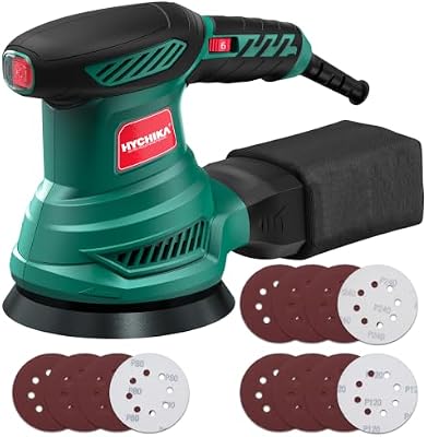 HYCHIKA Levigatrice Orbitale 300W, 6 Velocità Regolabili, 13000 RPM, 12PCS Dischi Abrasivi 125mm (80, 120, 240 Grani), Levigatrice Elettrica, con Scatola di Raccolta della Polvere