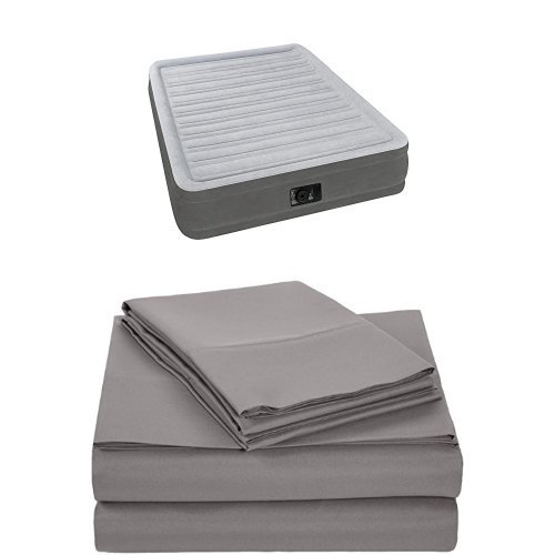 Intex Comfort Plush Mid Rise Dura-Beam Airbed with Built-in Electric Pump, Bed Height 13″, Full and AmazonBasics Microfiber Sheet Set – Full, Dark Grey