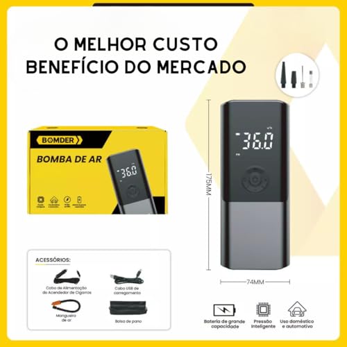 Bomba Ar Portátil Calibrador Encher Pneu Carro Bike Moto Mini Compressor | Carro, Bike, Moto, Encher Pneu