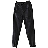 Minibee Women's Cropped Corduroy Pants Elastic Waist Retro Trouser with Pockets