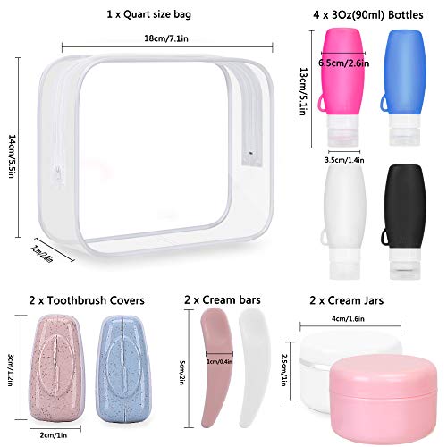 Leak Proof Travel-Bottles TSA Approved Containers, 3oz Squeeze Silicone Travel Size Toiletries Accessories, Empty Refillable bottles for Shampoo Conditioner Lotion Soap Liquids, Clear Toiletry Bag