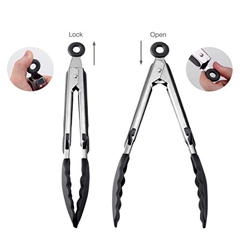 Kitchen Tongs with Silicone Tips for Cooking,Barbecue,BBQ Grill,Picking Bread,Salad.High Heat Resistant to 480°F(9 Inch, BLACK)