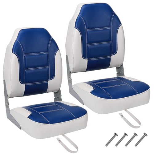 2 Pack High Back Folding Fishing Boat Seats, Fold-Down Boat Chairs with Thickened Sponge Padding and Hinges, Stainless Steel Screws Included, Fits Sightseeing Boats Speedboats Canoes, Blue