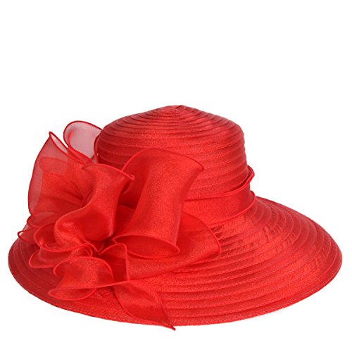 Lady Derby Dress Church Cloche Hat Bow Bucket Wedding Bowler Hats (Wide Brim-Red)